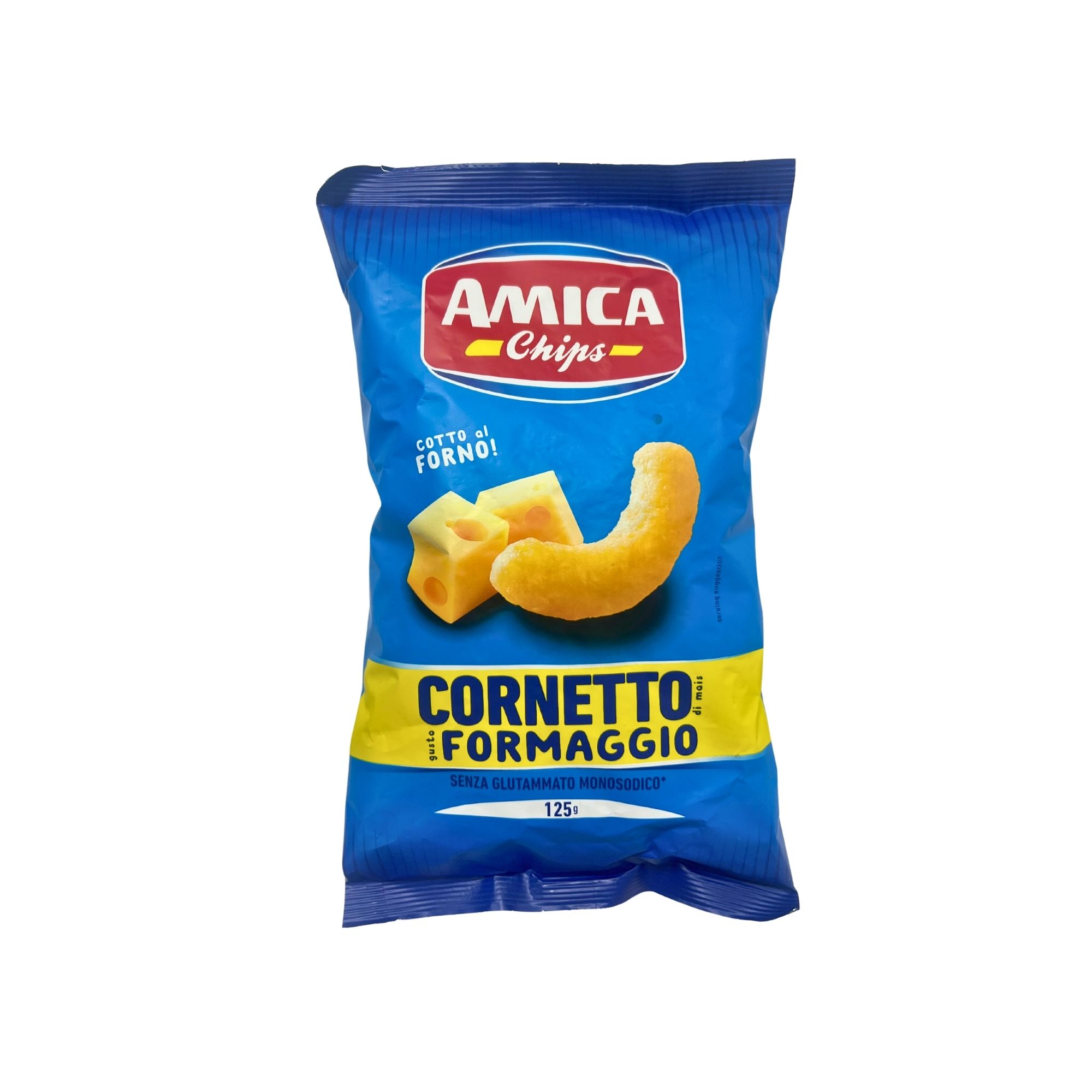 Amica Chips Cornetto al Formaggio Corn Snacks with Cheese Flavor 125g Amica Chips Cornetto al Formaggio Corn Snacks with Cheese Flavor 125g